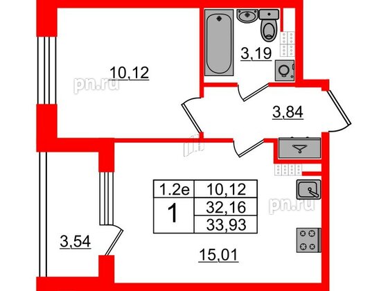 Квартира в ЖК «Парадный ансамбль», 1 комнатная, 32.16 м², 5 этаж