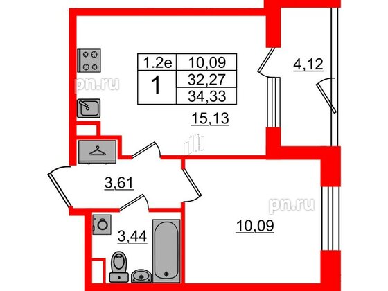 Квартира в ЖК 'Парадный ансамбль', 1 комнатная, 32.27 м², 1 этаж