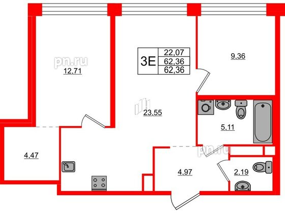 Квартира в ЖК AVANT, 2 комнатная, 62.36 м², 3 этаж