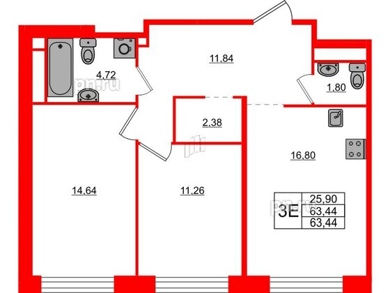 Квартира в ЖК AVANT, 2 комнатная, 63.44 м², 3 этаж