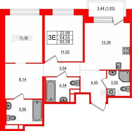 Квартира в ЖК «AVANT», 2 комнатная, 65.58 м², 3 этаж