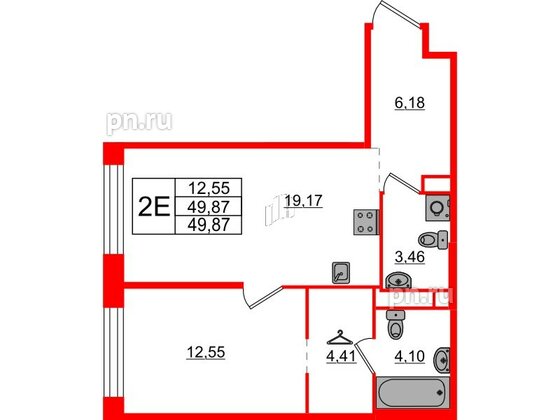 Квартира в ЖК AVANT, 1 комнатная, 49.87 м², 3 этаж