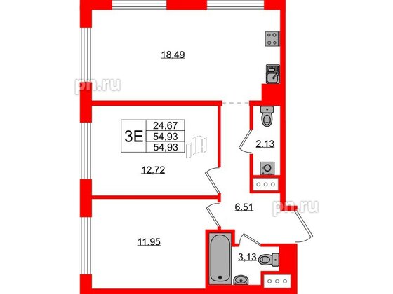 Квартира в ЖК UP-квартал Новый Московский, 2 комнатная, 54.93 м², 3 этаж