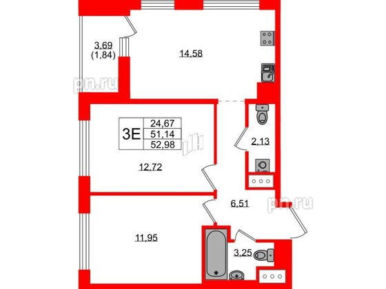 Квартира в ЖК UP-квартал Новый Московский, 2 комнатная, 52.98 м², 7 этаж