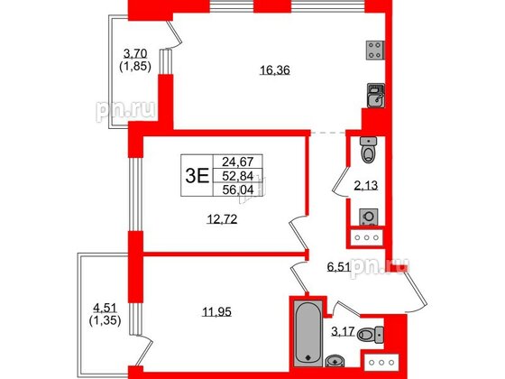 Квартира в ЖК UP-квартал Новый Московский, 2 комнатная, 56.04 м², 9 этаж