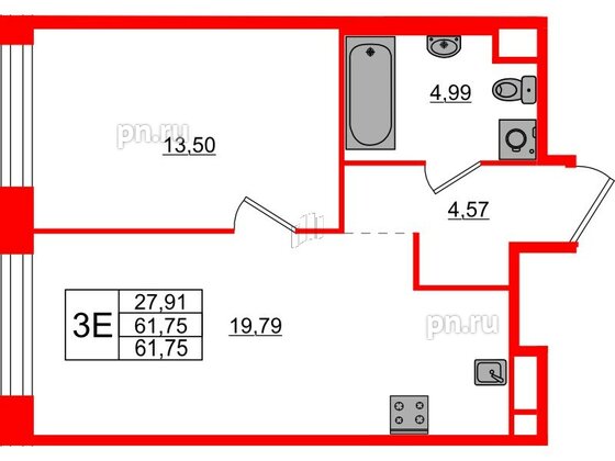 Квартира в ЖК AVANT, 1 комнатная, 42.85 м², 3 этаж