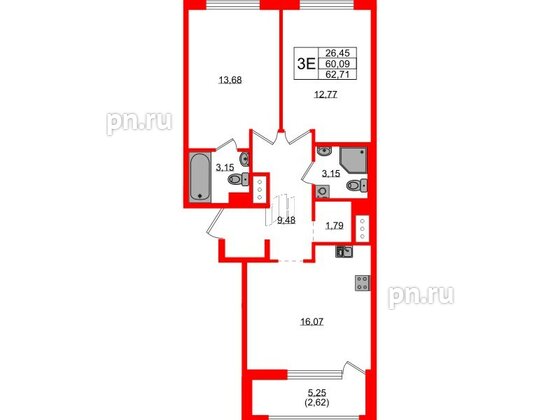 Квартира в ЖК UP-квартал Новый Московский, 2 комнатная, 62.71 м², 3 этаж