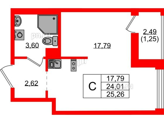 Квартира в ЖК UP-квартал Новый Московский, студия, 25.26 м², 2 этаж