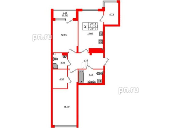 Квартира в ЖК «Расцвет Парк», 2 комнатная, 71.78 м², 2 этаж