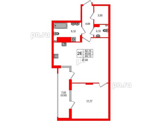 Квартира в ЖК «Расцвет Парк», 1 комнатная, 65.62 м², 2 этаж