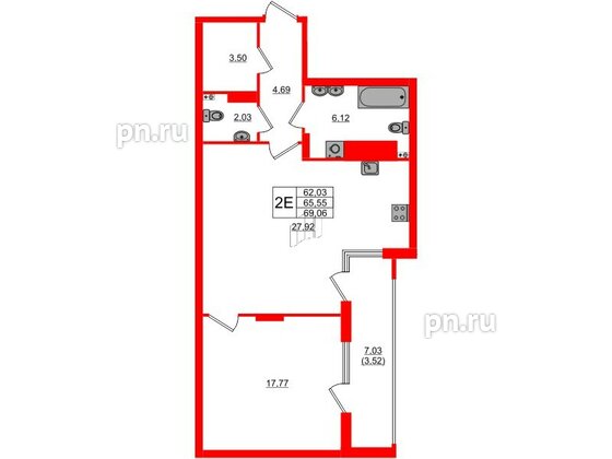 Квартира в ЖК «Расцвет Парк», 1 комнатная, 65.55 м², 2 этаж