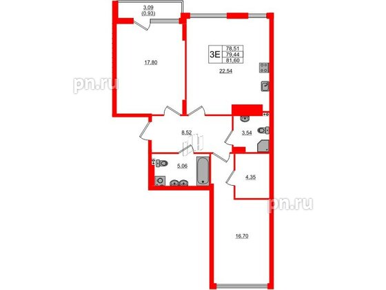 Квартира в ЖК «Расцвет Парк», 2 комнатная, 79.44 м², 3 этаж