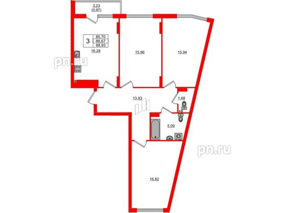 Квартира в ЖК «Расцвет Парк», 3 комнатная, 86.67 м², 2 этаж