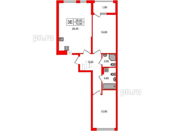 Квартира в ЖК «Дом на Красной», 2 комнатная, 73.8 м², 4 этаж