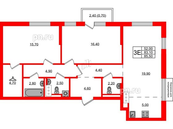 Квартира в ЖК Курортный квартал, 2 комнатная, 85.5 м², 3 этаж