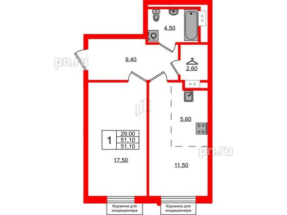 Квартира в ЖК Курортный квартал, 1 комнатная, 51.1 м², 2 этаж