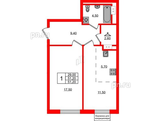 Квартира в ЖК Курортный квартал, 1 комнатная, 51.2 м², 7 этаж