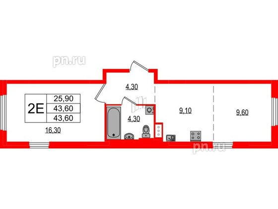 Квартира в ЖК Курортный квартал, 1 комнатная, 43.6 м², 1 этаж