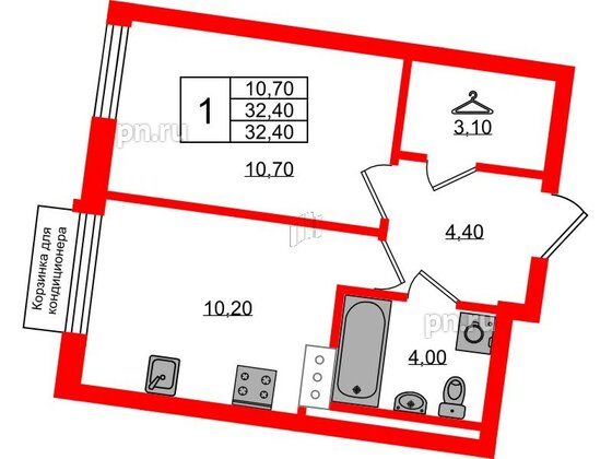 Квартира в ЖК Курортный квартал, 1 комнатная, 32.4 м², 3 этаж