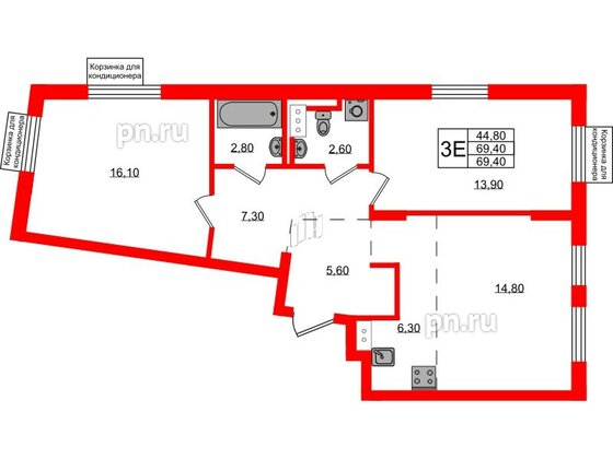 Квартира в ЖК Курортный квартал, 2 комнатная, 69.4 м², 2 этаж