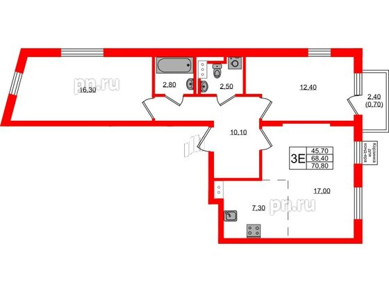 Квартира в ЖК Курортный квартал, 2 комнатная, 70.8 м², 3 этаж