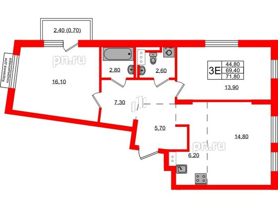 Квартира в ЖК Курортный квартал, 2 комнатная, 71.8 м², 7 этаж