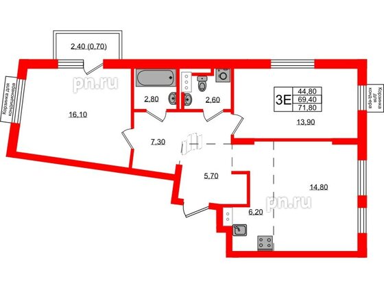 Квартира в ЖК Курортный квартал, 2 комнатная, 71.8 м², 9 этаж