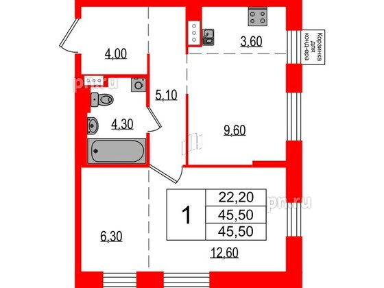 Квартира в ЖК Курортный квартал, 1 комнатная, 45.5 м², 4 этаж