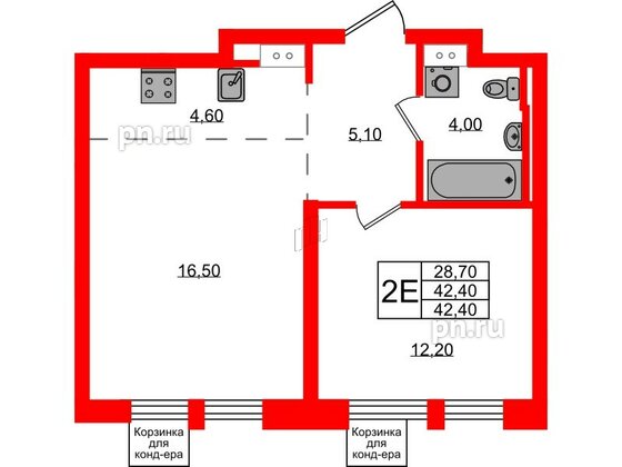 Квартира в ЖК Курортный квартал, 1 комнатная, 42.4 м², 2 этаж