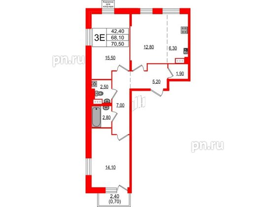 Квартира в ЖК Курортный квартал, 2 комнатная, 70.5 м², 7 этаж