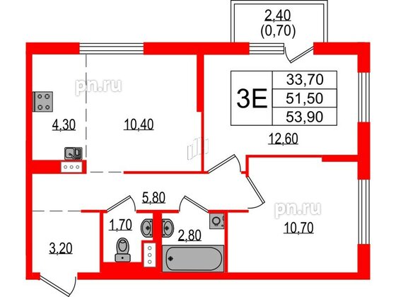 Квартира в ЖК Курортный квартал, 2 комнатная, 53.9 м², 5 этаж