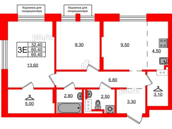 Квартира в ЖК Курортный квартал, 2 комнатная, 60.4 м², 2 этаж