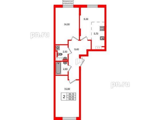 Квартира в ЖК Курортный квартал, 2 комнатная, 59.5 м², 5 этаж