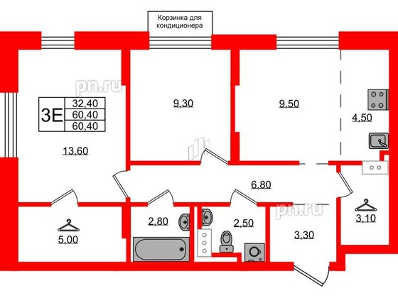 Квартира в ЖК Курортный квартал, 2 комнатная, 60.4 м², 3 этаж