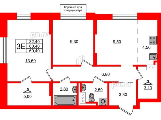 Квартира в ЖК Курортный квартал, 2 комнатная, 60.4 м², 5 этаж