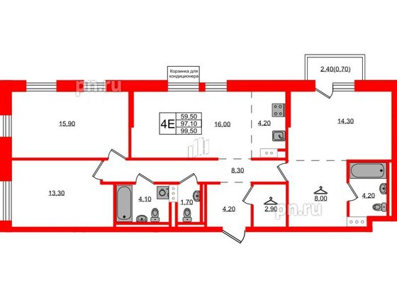 Квартира в ЖК Курортный квартал, 3 комнатная, 99.5 м², 3 этаж