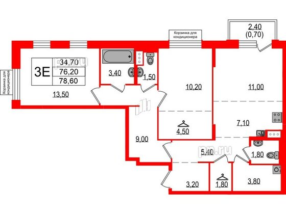 Квартира в ЖК Курортный квартал, 2 комнатная, 78.6 м², 2 этаж