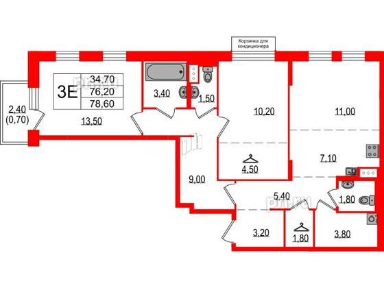 Квартира в ЖК Курортный квартал, 2 комнатная, 78.6 м², 4 этаж