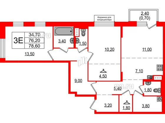 Квартира в ЖК Курортный квартал, 2 комнатная, 78.6 м², 6 этаж