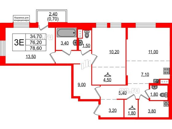 Квартира в ЖК Курортный квартал, 2 комнатная, 78.6 м², 9 этаж