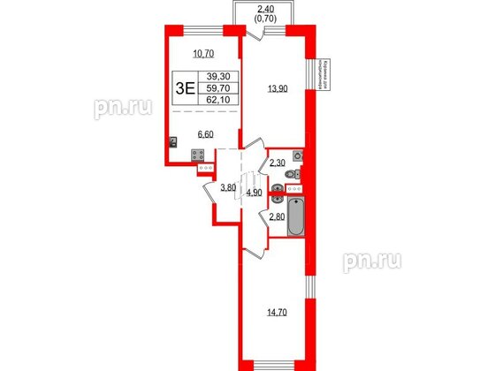 Квартира в ЖК Курортный квартал, 2 комнатная, 62.1 м², 3 этаж