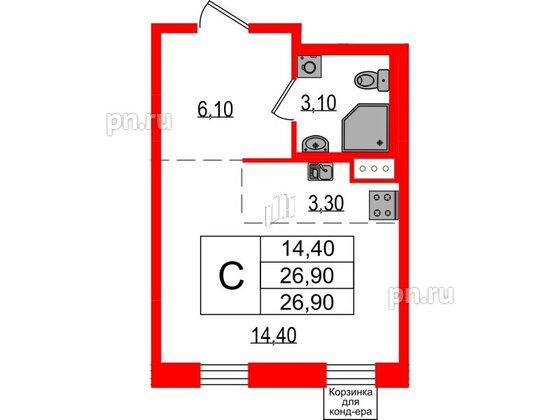 Квартира в ЖК Курортный квартал, студия, 26.9 м², 6 этаж