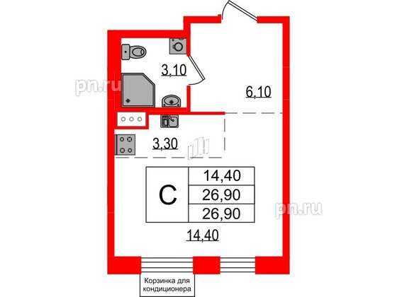 Квартира в ЖК Курортный квартал, студия, 26.9 м², 4 этаж