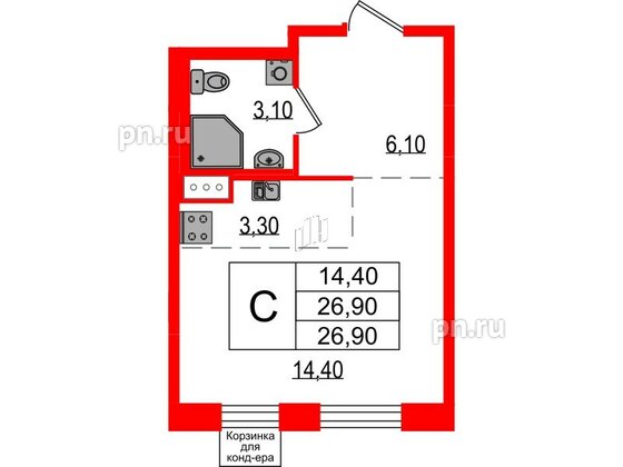 Квартира в ЖК Курортный квартал, студия, 26.9 м², 9 этаж