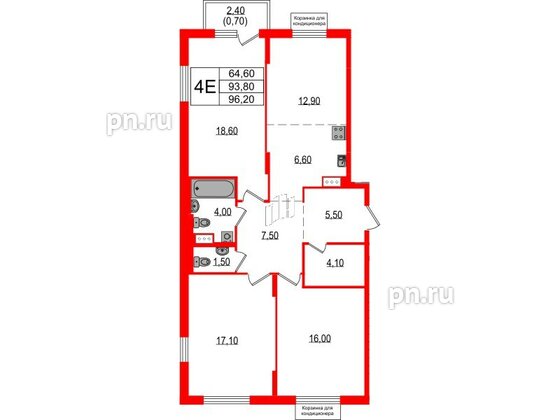 Квартира в ЖК Курортный квартал, 3 комнатная, 96.2 м², 3 этаж