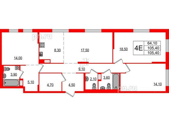 Квартира в ЖК Курортный квартал, 3 комнатная, 105.4 м², 1 этаж