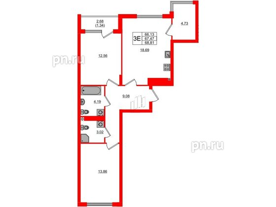 Квартира в ЖК «Расцвет Парк», 2 комнатная, 67.47 м², 2 этаж