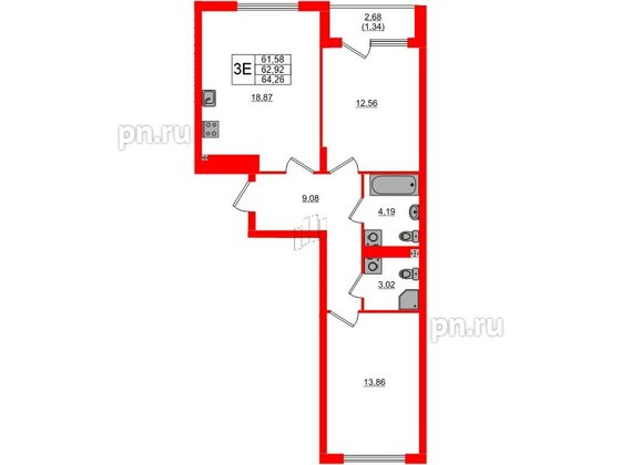 Квартира в ЖК «Расцвет Парк», 2 комнатная, 62.92 м², 2 этаж