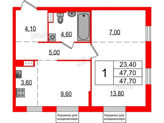 Квартира в ЖК Курортный квартал, 1 комнатная, 47.7 м², 2 этаж