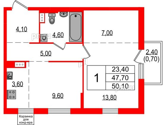 Квартира в ЖК Курортный квартал, 1 комнатная, 50.1 м², 9 этаж